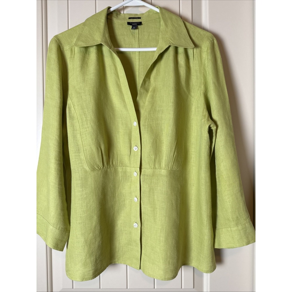 Talbots Womens Top 12 Lime Green 100% Irish Linen Button Up Office Preppy (read)